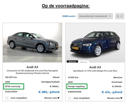 Hoe herken ik een marge of btw auto - voorraadpagina